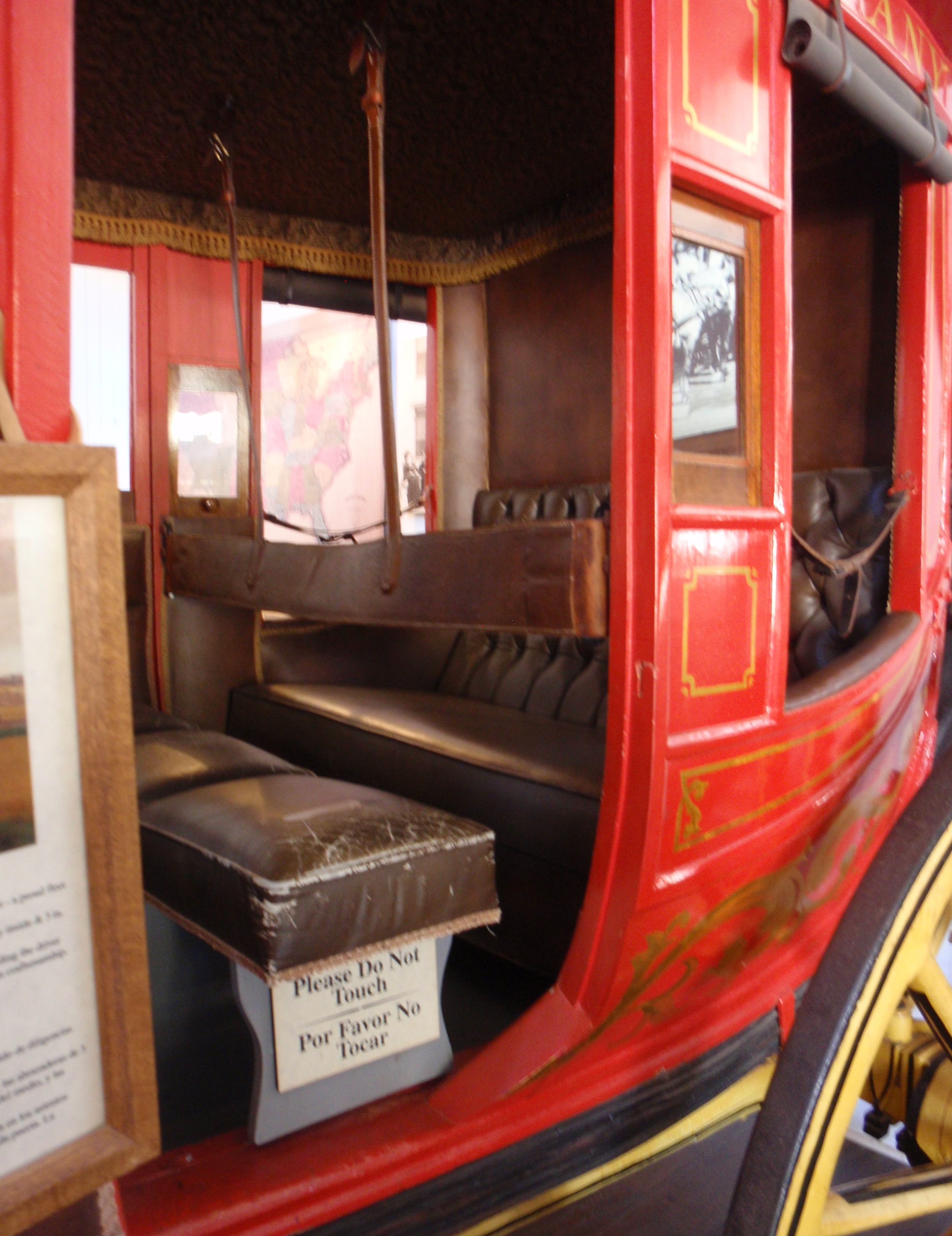 Interior of Concord coach. Imagine sharing that bench with two other passengers for the 24 day run from St Louis to San Diego. October 2016 photo at Wells Fargo's museum in San Diego by James Ulvog.